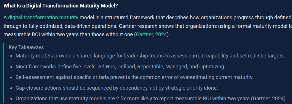 Les organisations qui utilisent des modèles de maturité sont 2,5 fois plus susceptibles de déclarer un retour sur investissement mesurable dans les deux ans (Gartner, 2024). Les organisations qui utilisent des modèles de maturité sont 2,5 fois plus susceptibles de déclarer un retour sur investissement mesurable dans les deux ans (Gartner, 2024).