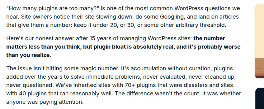 Nous avons hérité de sites avec plus de 70 plugins qui étaient catastrophiques et de sites avec 40 plugins qui fonctionnaient relativement bien. Nous avons hérité de sites avec plus de 70 plugins qui étaient catastrophiques et de sites avec 40 plugins qui fonctionnaient relativement bien.