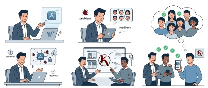 Un professionnel utilise l'IA générative tout seul pour générer une application pour son entreprise ABC inc.. Elle parait parfaite, mais après plusieurs retours clients, le professionnel doit faire appel à un expert développeur Kiffcom pour corriger les bugs, optimiser la sécurité et réaliser des tests plus approfondis. Finalement les utilisateurs sont satisfaits. Un professionnel utilise l'IA générative tout seul pour générer une application pour son entreprise ABC inc.. Elle parait parfaite, mais après plusieurs retours clients, le professionnel doit faire appel à un expert développeur Kiffcom pour corriger les bugs, optimiser la sécurité et réaliser des tests plus approfondis. Finalement les utilisateurs sont satisfaits.